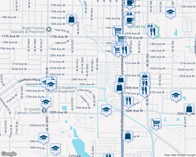map of restaurants, bars, coffee shops, grocery stores, and more near 2407 18th Street West in Bradenton