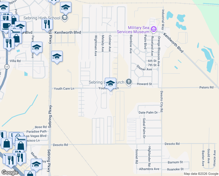 map of restaurants, bars, coffee shops, grocery stores, and more near 4100 Youth Care Lane in Sebring