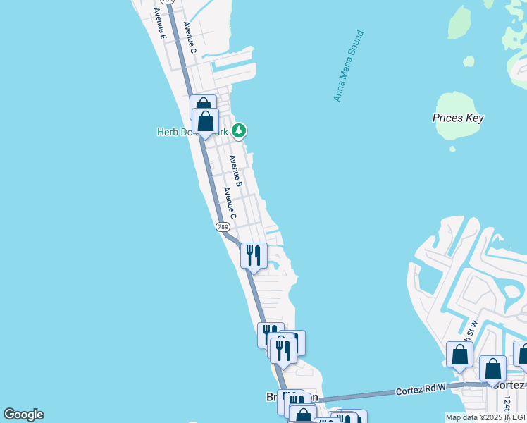 map of restaurants, bars, coffee shops, grocery stores, and more near 2205 Avenue A in Bradenton Beach