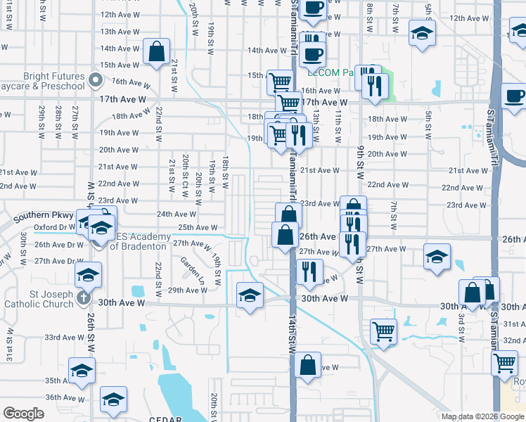 map of restaurants, bars, coffee shops, grocery stores, and more near 1415 24th Avenue West in Bradenton