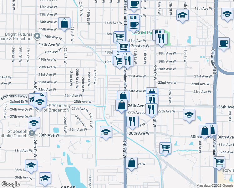 map of restaurants, bars, coffee shops, grocery stores, and more near 1415 24th Avenue West in Bradenton