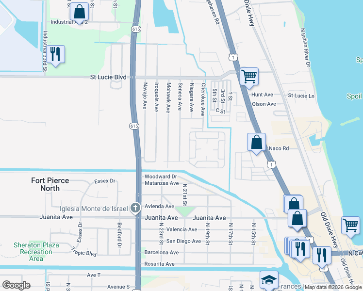 map of restaurants, bars, coffee shops, grocery stores, and more near 2500 Seneca Avenue in Fort Pierce