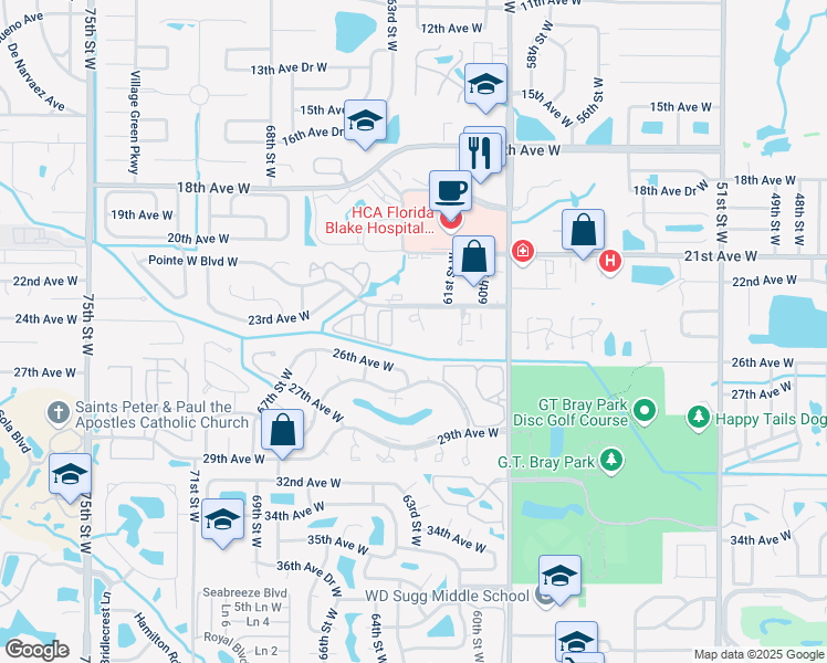 map of restaurants, bars, coffee shops, grocery stores, and more near 6101 Pointe West Boulevard West in Bradenton