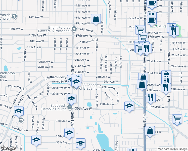 map of restaurants, bars, coffee shops, grocery stores, and more near 2206 24th Avenue West in Bradenton