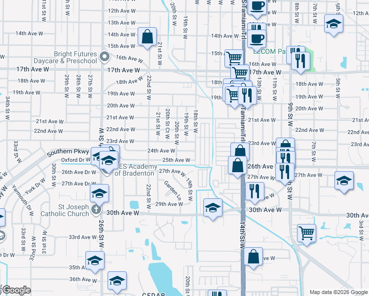 map of restaurants, bars, coffee shops, grocery stores, and more near 1910 24th Avenue West in Bradenton