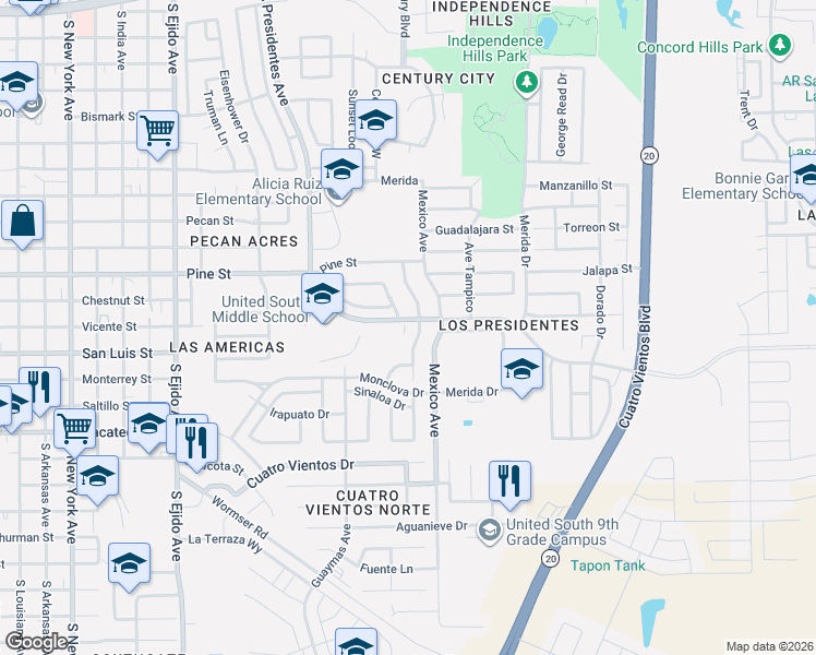 map of restaurants, bars, coffee shops, grocery stores, and more near 2002 Durango Avenue in Laredo