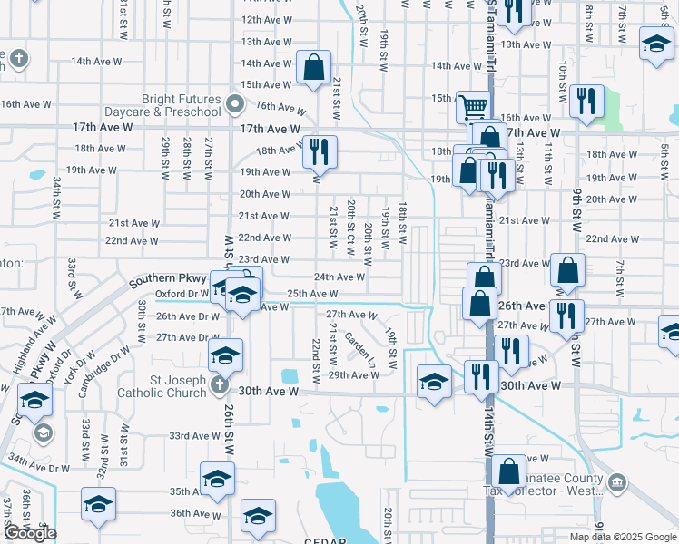 map of restaurants, bars, coffee shops, grocery stores, and more near 2022 24th Avenue West in Bradenton