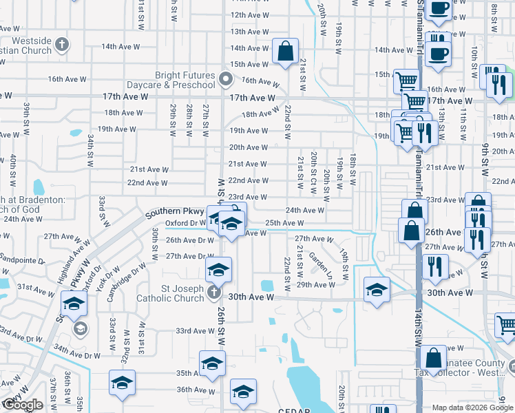 map of restaurants, bars, coffee shops, grocery stores, and more near 2316 24th Avenue West in Bradenton