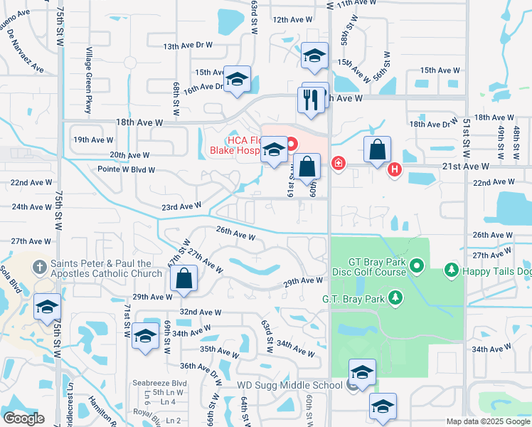 map of restaurants, bars, coffee shops, grocery stores, and more near 6101 Pointe West Boulevard West in Bradenton