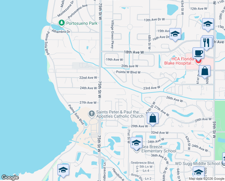 map of restaurants, bars, coffee shops, grocery stores, and more near 7307 24th Avenue West in Bradenton