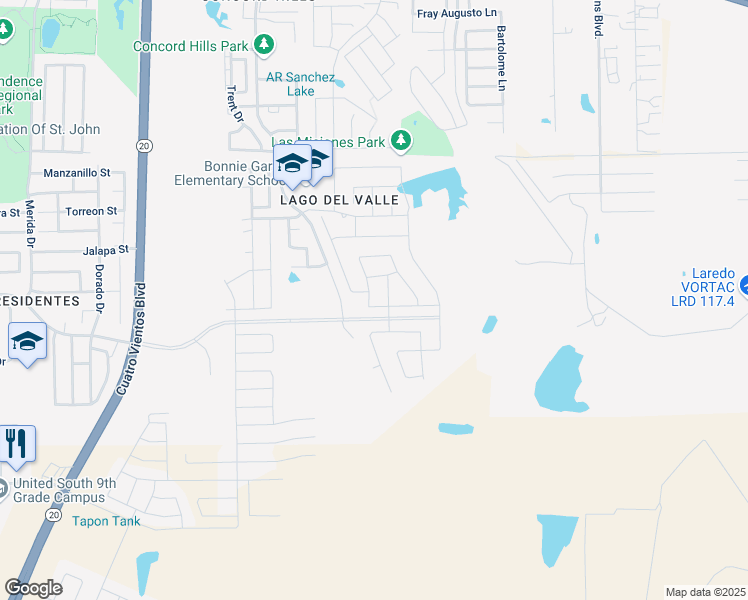 map of restaurants, bars, coffee shops, grocery stores, and more near 1713 Palestine Drive in Laredo