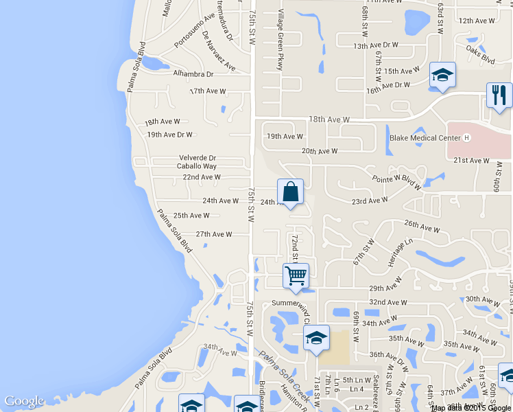 map of restaurants, bars, coffee shops, grocery stores, and more near 2403 75th Street West in Bradenton