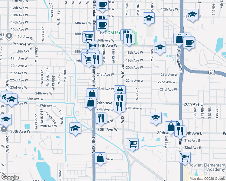 map of restaurants, bars, coffee shops, grocery stores, and more near 2405 10th Street West in Bradenton