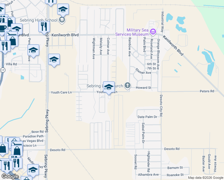 map of restaurants, bars, coffee shops, grocery stores, and more near 4100-4108 Youth Care Lane in Sebring