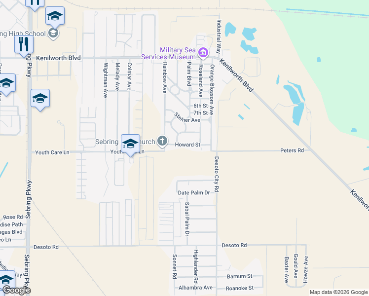 map of restaurants, bars, coffee shops, grocery stores, and more near 4617 Howard Street in Sebring