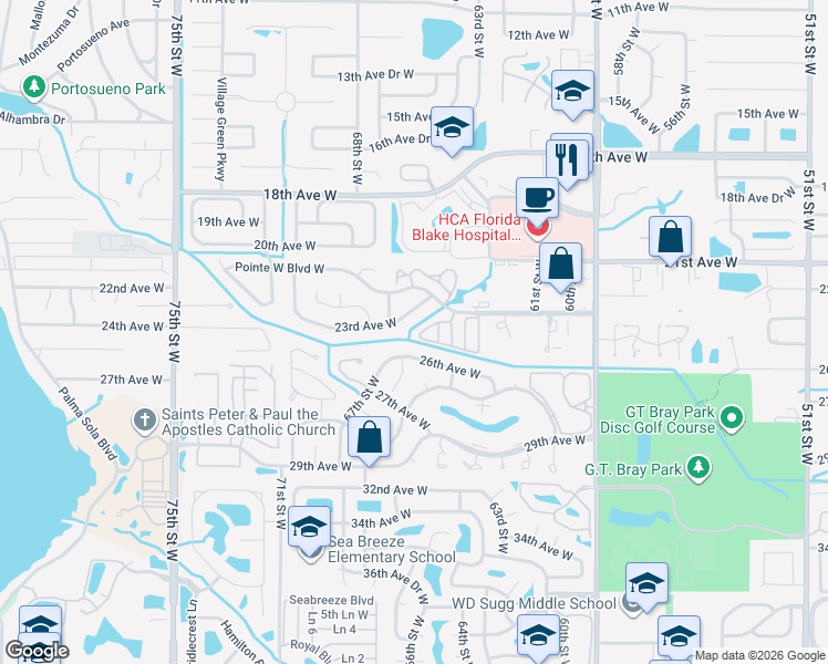 map of restaurants, bars, coffee shops, grocery stores, and more near 6516 23rd Avenue Drive West in Bradenton
