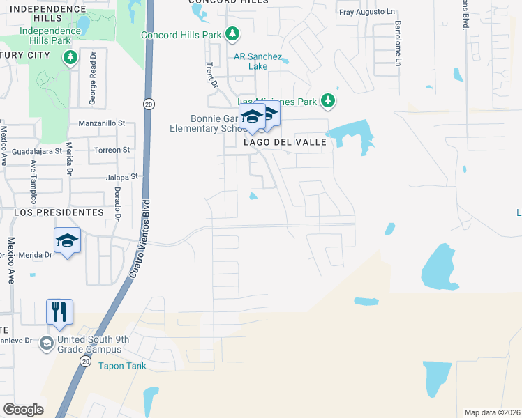 map of restaurants, bars, coffee shops, grocery stores, and more near 1610 Concord Hills Boulevard in Laredo