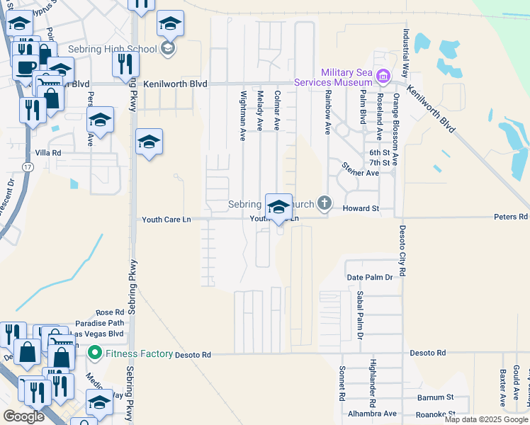 map of restaurants, bars, coffee shops, grocery stores, and more near 3801 Youth Care Lane in Sebring