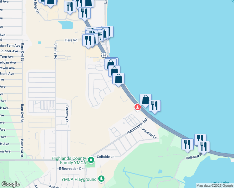 map of restaurants, bars, coffee shops, grocery stores, and more near 401 US Highway 27 South in Sebring