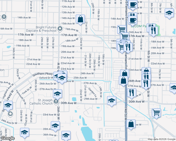 map of restaurants, bars, coffee shops, grocery stores, and more near 2022 24th Avenue West in Bradenton