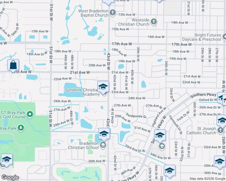 map of restaurants, bars, coffee shops, grocery stores, and more near 2304 42nd Street West in Bradenton