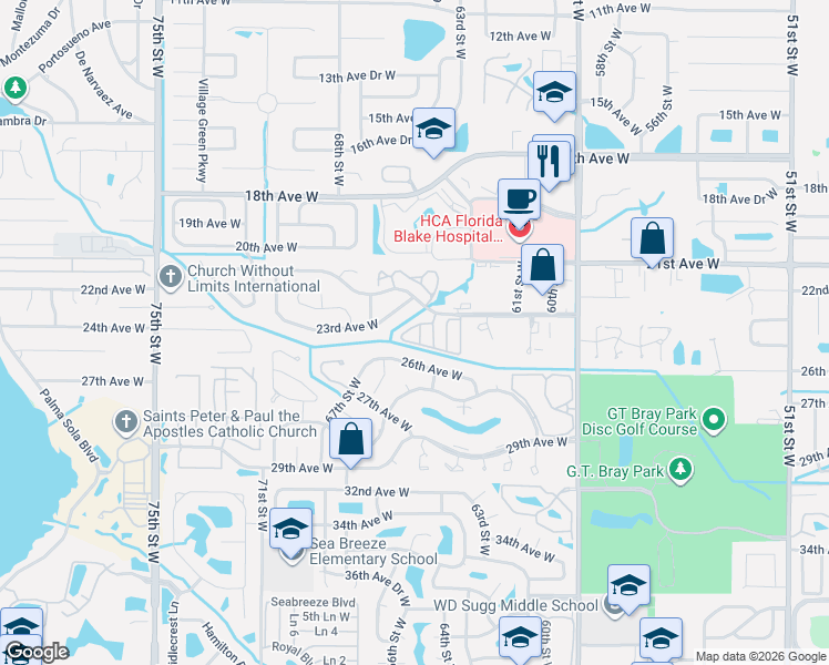 map of restaurants, bars, coffee shops, grocery stores, and more near 6516 23rd Avenue Drive West in Bradenton
