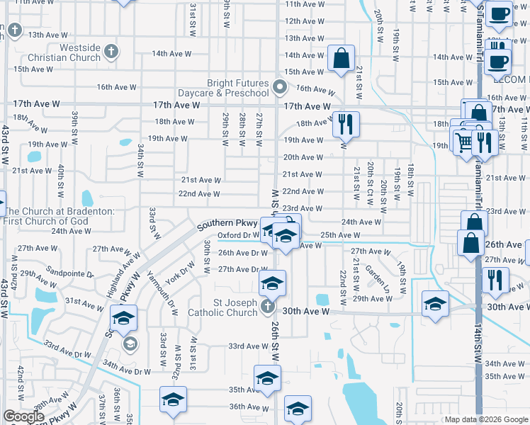 map of restaurants, bars, coffee shops, grocery stores, and more near 2605 23rd Avenue West in Bradenton