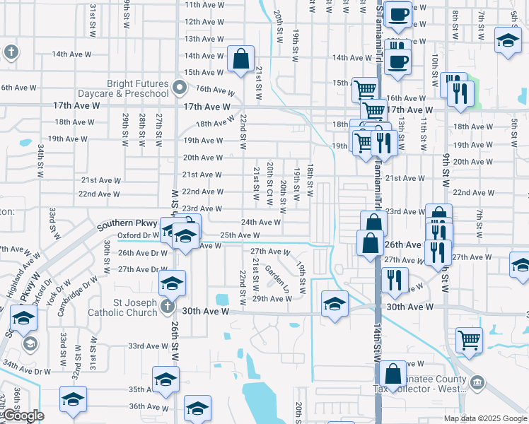 map of restaurants, bars, coffee shops, grocery stores, and more near 2022 24th Avenue West in Bradenton