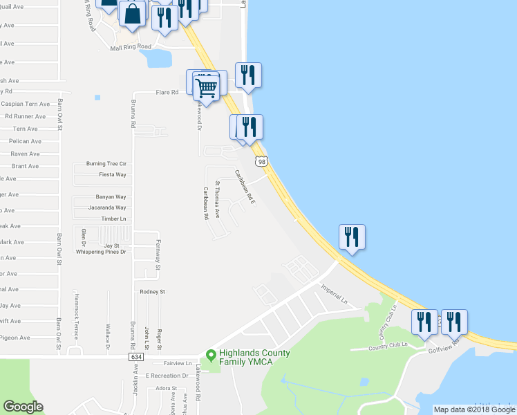 map of restaurants, bars, coffee shops, grocery stores, and more near 375 US Highway 27 South in Sebring