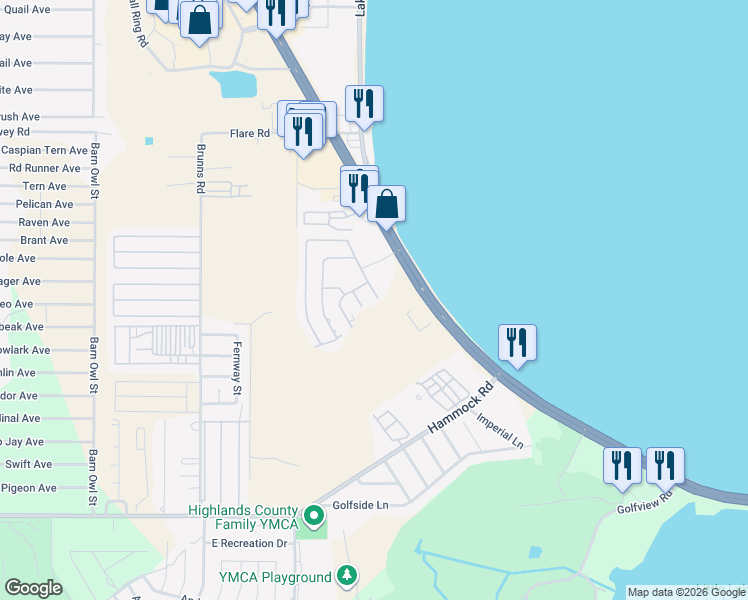 map of restaurants, bars, coffee shops, grocery stores, and more near 375 US Highway 27 South in Sebring
