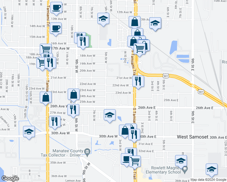 map of restaurants, bars, coffee shops, grocery stores, and more near 314 23rd Avenue West in Bradenton