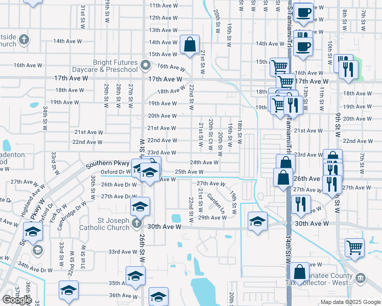 map of restaurants, bars, coffee shops, grocery stores, and more near 2301 22nd Street West in Bradenton