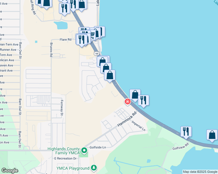 map of restaurants, bars, coffee shops, grocery stores, and more near 401 US Highway 27 South in Sebring