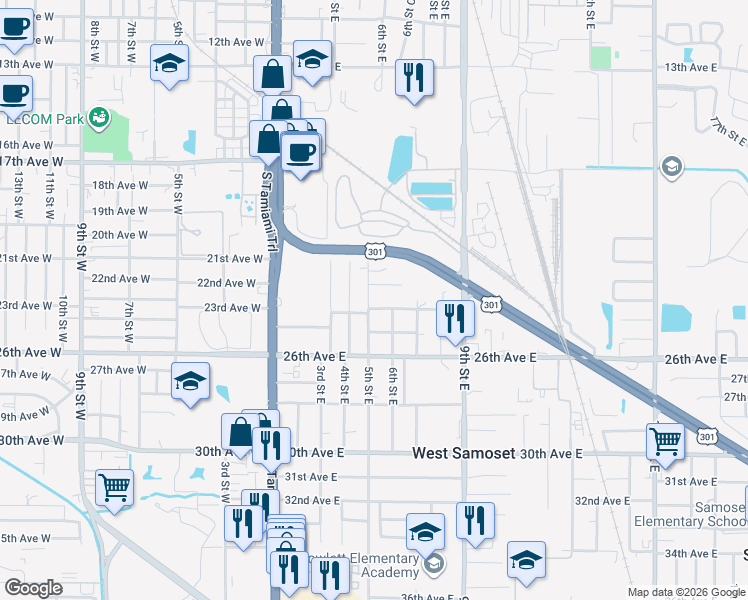 map of restaurants, bars, coffee shops, grocery stores, and more near 516 23rd Avenue East in Bradenton
