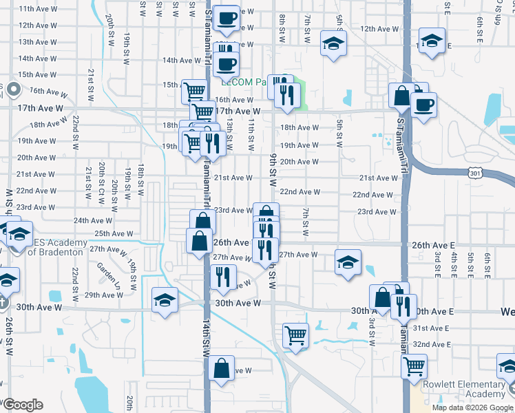 map of restaurants, bars, coffee shops, grocery stores, and more near 2405 10th Street West in Bradenton