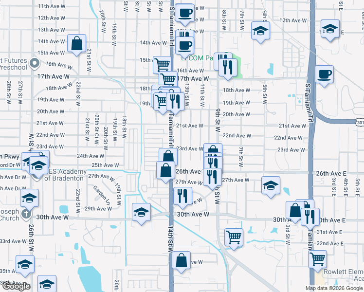 map of restaurants, bars, coffee shops, grocery stores, and more near 2411 Tamiami Trail in Bradenton