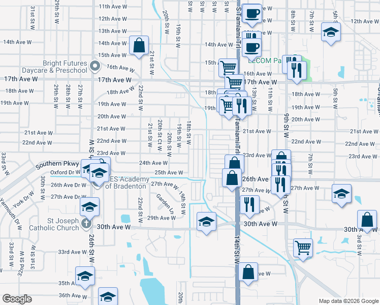 map of restaurants, bars, coffee shops, grocery stores, and more near 2407 18th Street West in Bradenton