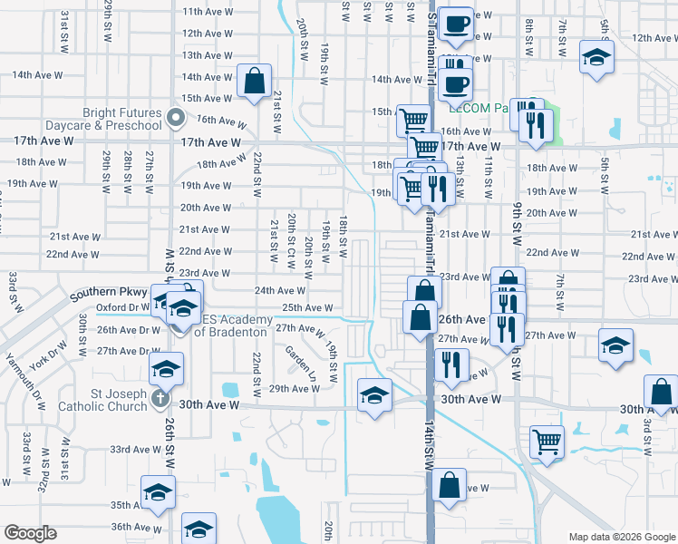 map of restaurants, bars, coffee shops, grocery stores, and more near 2407 18th Street West in Bradenton