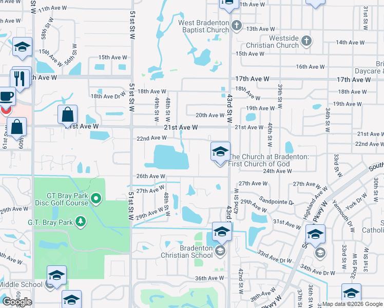 map of restaurants, bars, coffee shops, grocery stores, and more near 2411 45th Court West in Bradenton