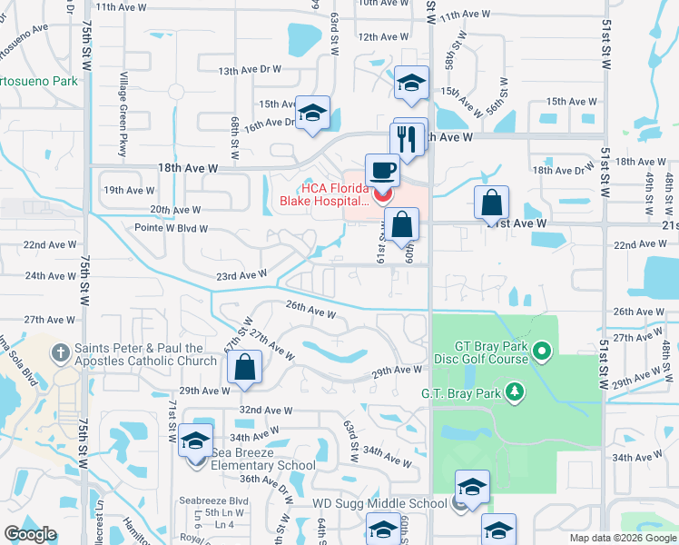 map of restaurants, bars, coffee shops, grocery stores, and more near 2407 63rd St W in Bradenton