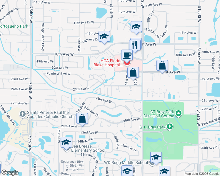 map of restaurants, bars, coffee shops, grocery stores, and more near 6101 Pointe West Boulevard West in Bradenton