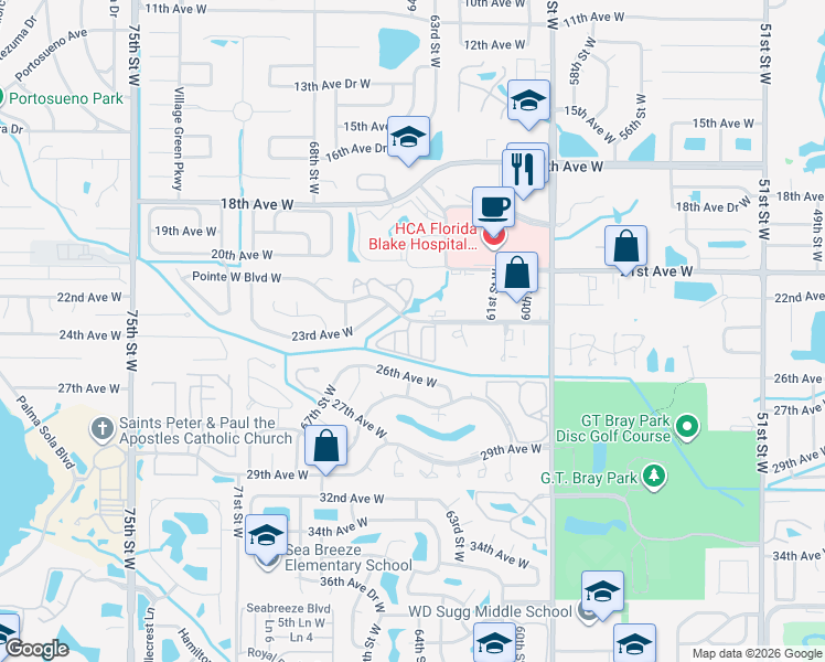 map of restaurants, bars, coffee shops, grocery stores, and more near 2403 64th Street West in Bradenton