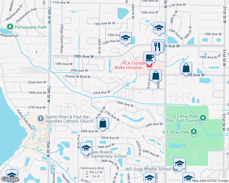 map of restaurants, bars, coffee shops, grocery stores, and more near 6516 23rd Avenue Drive West in Bradenton