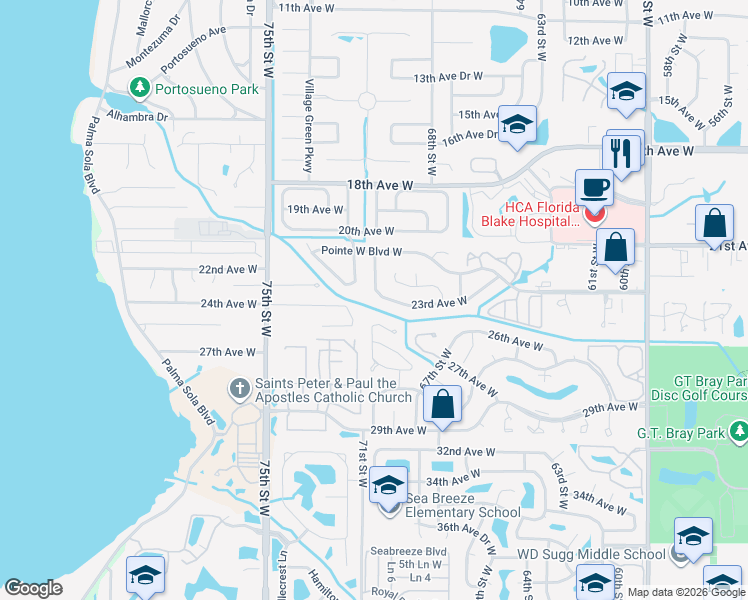 map of restaurants, bars, coffee shops, grocery stores, and more near 6912 Arbor Oaks Court in Bradenton