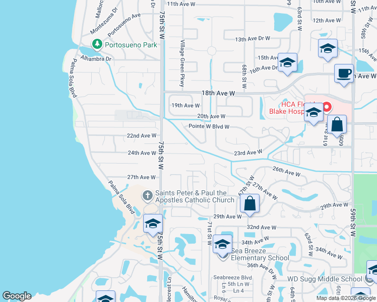 map of restaurants, bars, coffee shops, grocery stores, and more near 7307 24th Avenue West in Bradenton