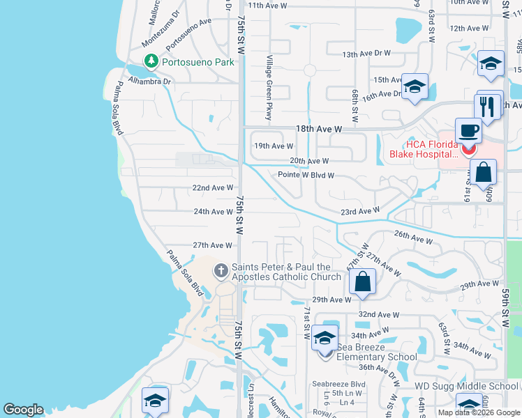map of restaurants, bars, coffee shops, grocery stores, and more near 7307 24th Avenue West in Bradenton