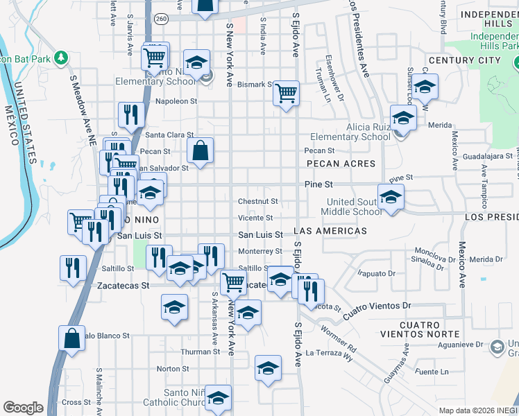 map of restaurants, bars, coffee shops, grocery stores, and more near 3005 Vicente Street in Laredo