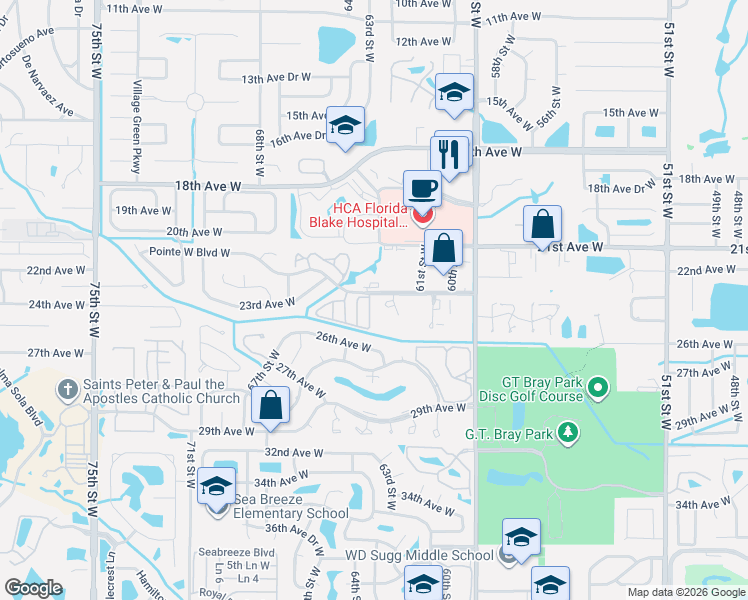 map of restaurants, bars, coffee shops, grocery stores, and more near 6101 Pointe West Boulevard West in Bradenton