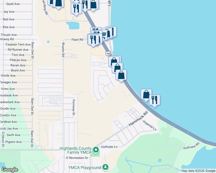 map of restaurants, bars, coffee shops, grocery stores, and more near 2211-2299 Bahama Road in Sebring