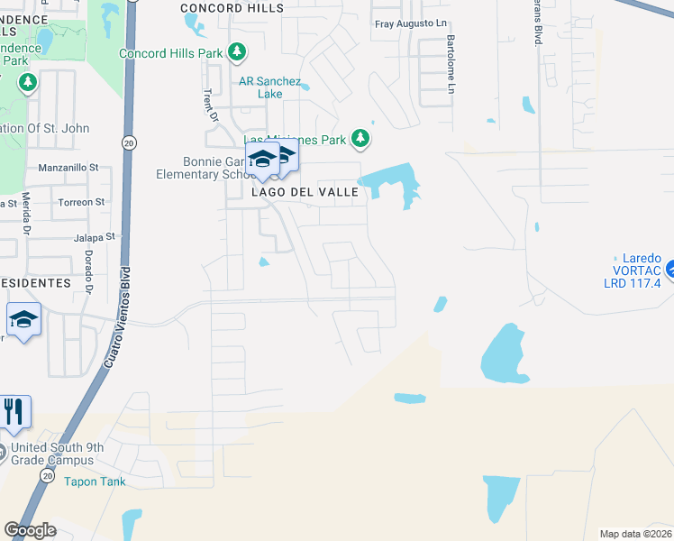 map of restaurants, bars, coffee shops, grocery stores, and more near 1713 Palestine Drive in Laredo